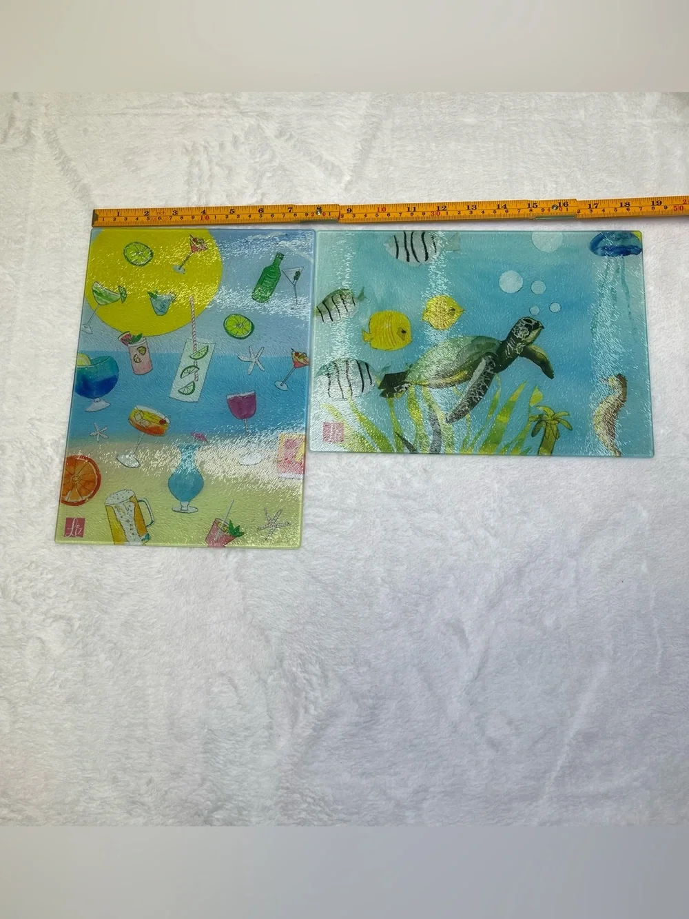 Liz Lind Tempered Glass Cutting Board Set & Matching Coasters Coastal Sea Turtle